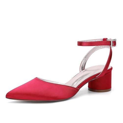HFWXYSA Damen Chunky Blockabsatz Niedrige Absatz Geschlossene Spitze Zehenkappe Slingback Pumps Schnalle Cute Dress Büroschuhe,Rot,41 EU von HFWXYSA