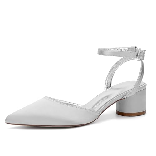 HFWXYSA Damen Chunky Blockabsatz Niedrige Absatz Geschlossene Spitze Zehenkappe Slingback Pumps Schnalle Cute Dress Büroschuhe,Silber,40 EU von HFWXYSA