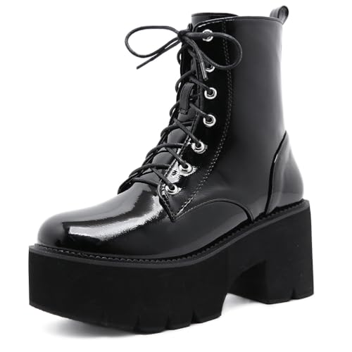 HFWXYSA Damen Chunky Schuhe Blockabsatz Plaftorm Gotisch Stiefeletten Punk Gothic Plateau Ankle Boots Reißverschluss High Heels,Schwarz,41 EU von HFWXYSA