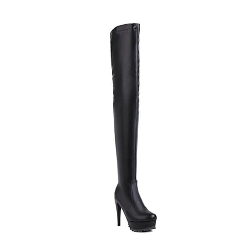 HFWXYSA Damen Elastic Oberschenkel Hohe Stiefel Stretch Overknee Stiefel Lange Stiefel Über Das Knie Lederstiefel Stöckelabsatz Zehen Pointy Toe Abendstiefel Kleid Schuh,Schwarz,39 EU von HFWXYSA