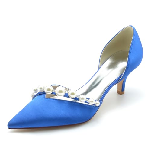 HFWXYSA Damen Elfenbein Brautschuhe Kätzchenabsatz Spitzschuh Hochzeit Gast Schuhe Slip on Klassische Abendschuhe mit Perlen,Blau,38 EU von HFWXYSA