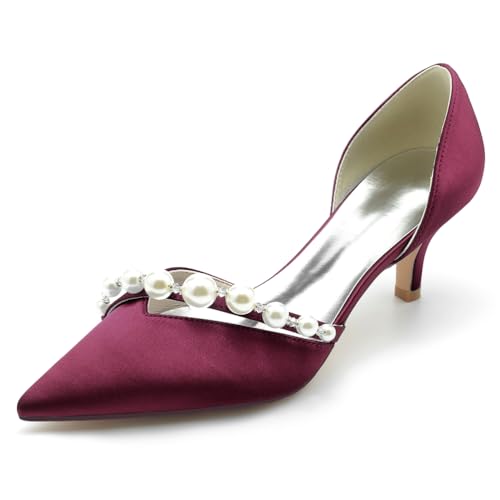 HFWXYSA Damen Elfenbein Brautschuhe Kätzchenabsatz Spitzschuh Hochzeit Gast Schuhe Slip on Klassische Abendschuhe mit Perlen,Burgundy,39 EU von HFWXYSA