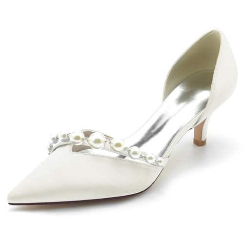 HFWXYSA Damen Elfenbein Brautschuhe Kätzchenabsatz Spitzschuh Hochzeit Gast Schuhe Slip on Klassische Abendschuhe mit Perlen,Elfenbein,37 EU von HFWXYSA