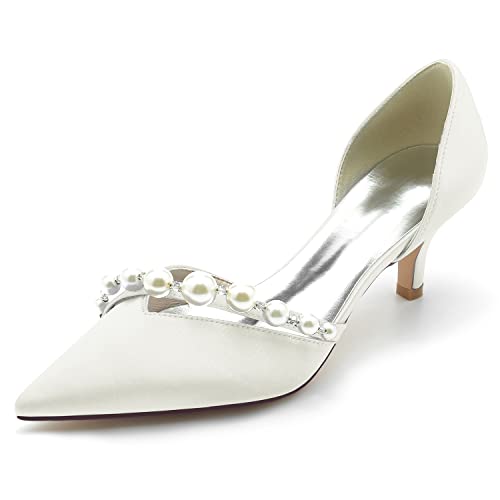 HFWXYSA Damen Elfenbein Brautschuhe Kätzchenabsatz Spitzschuh Hochzeit Gast Schuhe Slip on Klassische Abendschuhe mit Perlen,Elfenbein,37 EU von HFWXYSA