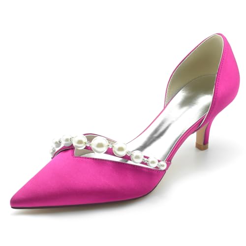 HFWXYSA Damen Elfenbein Brautschuhe Kätzchenabsatz Spitzschuh Hochzeit Gast Schuhe Slip on Klassische Abendschuhe mit Perlen,Fuchsia,37 EU von HFWXYSA
