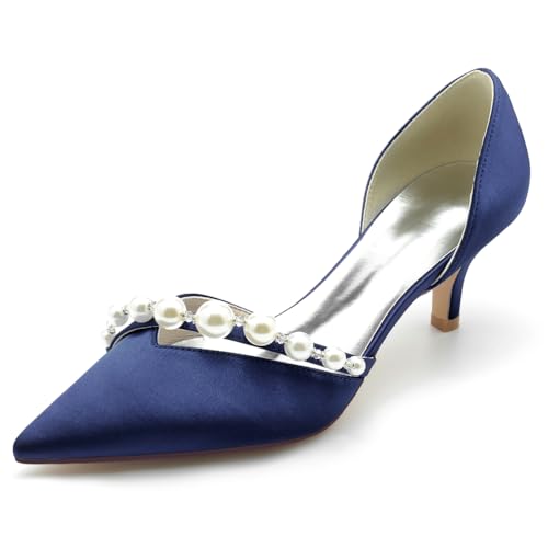 HFWXYSA Damen Elfenbein Brautschuhe Kätzchenabsatz Spitzschuh Hochzeit Gast Schuhe Slip on Klassische Abendschuhe mit Perlen,Marine,38 EU von HFWXYSA