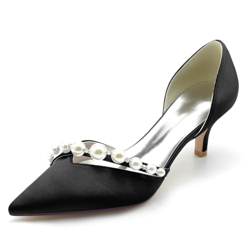 HFWXYSA Damen Elfenbein Brautschuhe Kätzchenabsatz Spitzschuh Hochzeit Gast Schuhe Slip on Klassische Abendschuhe mit Perlen,Schwarz,42 EU von HFWXYSA