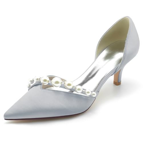 HFWXYSA Damen Elfenbein Brautschuhe Kätzchenabsatz Spitzschuh Hochzeit Gast Schuhe Slip on Klassische Abendschuhe mit Perlen,Silber,39 EU von HFWXYSA
