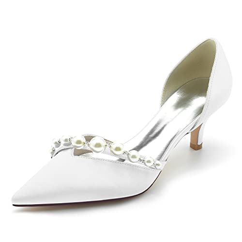 HFWXYSA Damen Elfenbein Brautschuhe Kätzchenabsatz Spitzschuh Hochzeit Gast Schuhe Slip on Klassische Abendschuhe mit Perlen,Weiß,43 EU von HFWXYSA