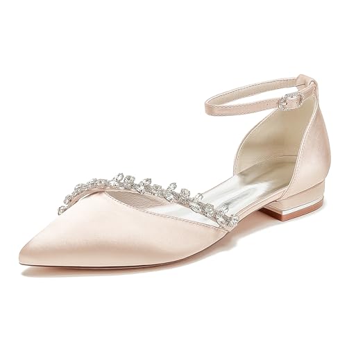 HFWXYSA Damen Elfenbein Hochzeitsschuhe Spitzer Zehen Flache Brautschuhe Mit Knöchelriemen Abschlussball, Party, Schuhe, Pumps,Champagne,36 EU von HFWXYSA