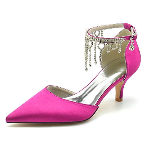 HFWXYSA Damen Geschlossene Spitze Zehen Hochzeitsschuhe Knöchelriemen Kitten Heel Elfenbein Brautschuhe mit Strass,Fuchsia,37 EU von HFWXYSA
