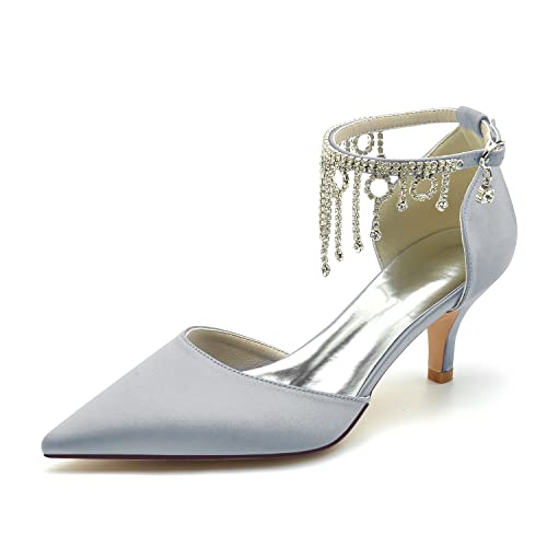 HFWXYSA Damen Geschlossene Spitze Zehen Hochzeitsschuhe Knöchelriemen Kitten Heel Elfenbein Brautschuhe mit Strass,Silber,36 EU von HFWXYSA