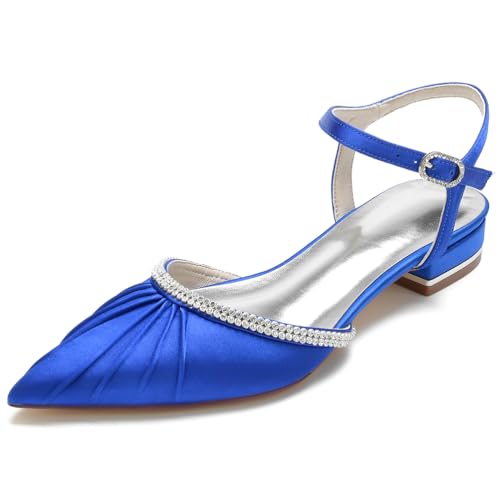 HFWXYSA Damen Geschlossene Zehe Ballerinas Satin Slingback Flache Brautschuhe Knöchelriemen Hochzeitschuhe mit Strass,Blau,37 EU von HFWXYSA