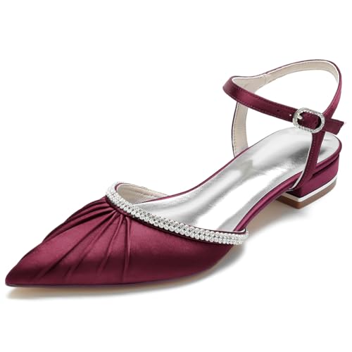 HFWXYSA Damen Geschlossene Zehe Ballerinas Satin Slingback Flache Brautschuhe Knöchelriemen Hochzeitschuhe mit Strass,Burgundy,42 EU von HFWXYSA