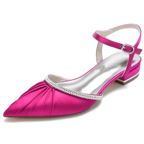 HFWXYSA Damen Geschlossene Zehe Ballerinas Satin Slingback Flache Brautschuhe Knöchelriemen Hochzeitschuhe mit Strass,Fuchsia,42 EU von HFWXYSA