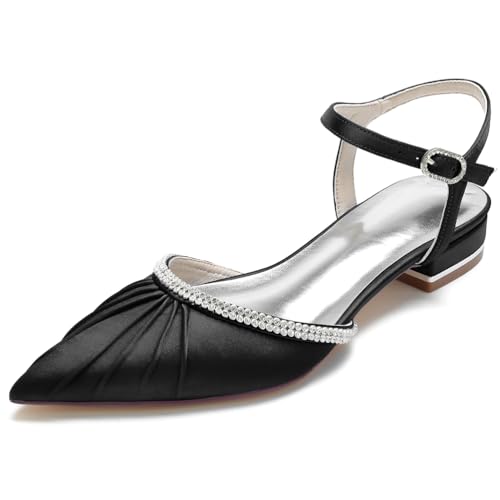 HFWXYSA Damen Geschlossene Zehe Ballerinas Satin Slingback Flache Brautschuhe Knöchelriemen Hochzeitschuhe mit Strass,Schwarz,38 EU von HFWXYSA