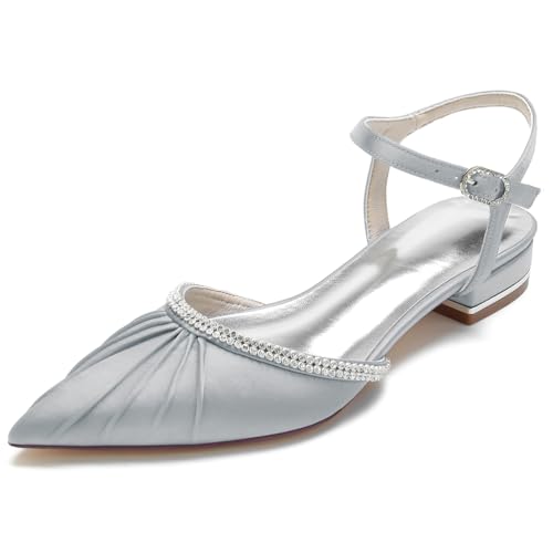 HFWXYSA Damen Geschlossene Zehe Ballerinas Satin Slingback Flache Brautschuhe Knöchelriemen Hochzeitschuhe mit Strass,Silber,41 EU von HFWXYSA
