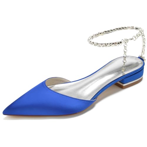 HFWXYSA Damen Geschlossene Zehe Ballerinas Satin Slingback Hochzeit Brautschuhe Knöchelriemen Flache Hochzeitsschuhe,Blau,40 EU von HFWXYSA