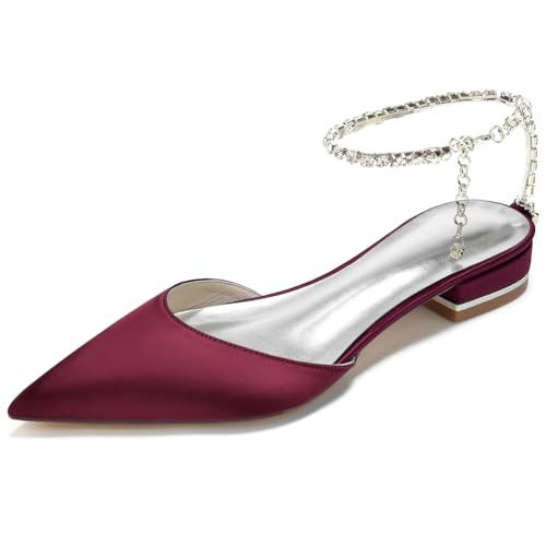 HFWXYSA Damen Geschlossene Zehe Ballerinas Satin Slingback Hochzeit Brautschuhe Knöchelriemen Flache Hochzeitsschuhe,Burgundy,42 EU von HFWXYSA