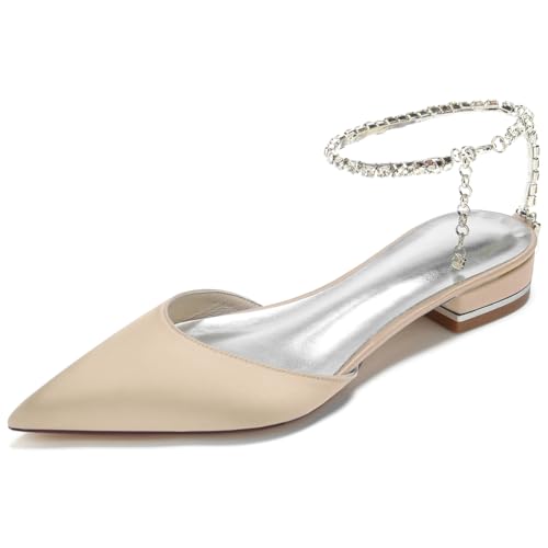 HFWXYSA Damen Geschlossene Zehe Ballerinas Satin Slingback Hochzeit Brautschuhe Knöchelriemen Flache Hochzeitsschuhe,Champagne,43 EU von HFWXYSA