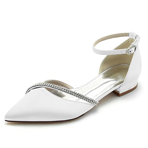 HFWXYSA Damen Geschlossene Zehen Strass Ballerinas Knöchelriemen Brautschuhe Spitze Flache Schuhe mit Strass,Weiß,41 EU von HFWXYSA
