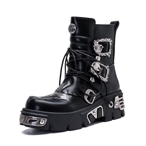 HFWXYSA Damen Goth Plateau Stiefeletten Runde Zehe Seitlicher Reißverschluss Punk Motorrad Kampf Kurze Gothic Stiefeletten,Schwarz,38 EU von HFWXYSA