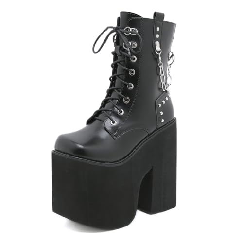 HFWXYSA Damen Gothic Plateau Ankle Boots Blockabsatz High Heels Schnürstiefeletten Punk Chain Schnalle Schuhe,Schwarz,37 EU von HFWXYSA