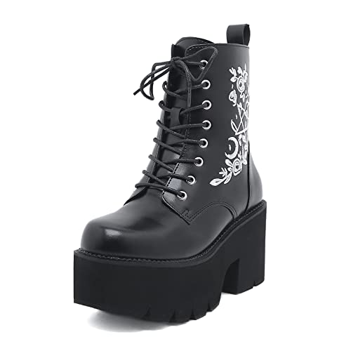 HFWXYSA Damen Gothic Plateau Lack Ankle Boots Blockabsatz High Heels Schnürstiefeletten Punk Schnalle Schuhe,Schwarz,38 EU von HFWXYSA