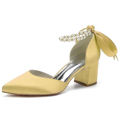 HFWXYSA Damen Heels Satinierter Sandalen Mit Perle Knöchelriemen Geschlossene Zehen Block Mid Heels Party Pumps Hochzeit Schuhe,Gold,42 EU von HFWXYSA
