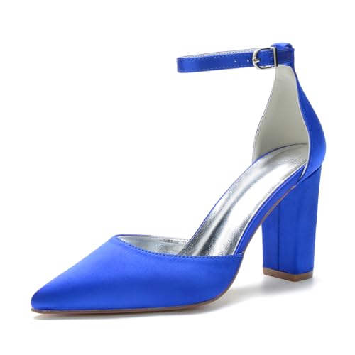 HFWXYSA Damen High Heels Chunky Block Pumps Spitzeschuh Geschlossene Zehen Knöchelriemen Abendkleidung Schuhe,Blau,37 EU von HFWXYSA