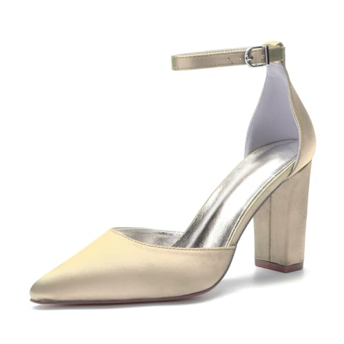 HFWXYSA Damen High Heels Chunky Block Pumps Spitzeschuh Geschlossene Zehen Knöchelriemen Abendkleidung Schuhe,Champagne,38 EU von HFWXYSA