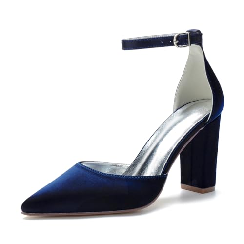 HFWXYSA Damen High Heels Chunky Block Pumps Spitzeschuh Geschlossene Zehen Knöchelriemen Abendkleidung Schuhe,Dark Blue,41 EU von HFWXYSA
