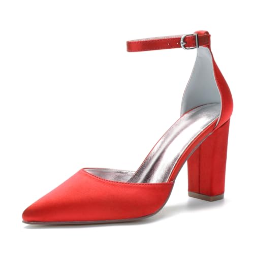 HFWXYSA Damen High Heels Chunky Block Pumps Spitzeschuh Geschlossene Zehen Knöchelriemen Abendkleidung Schuhe,Rot,37 EU von HFWXYSA