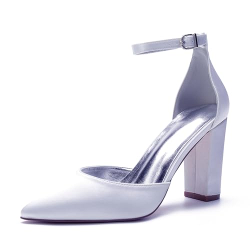 HFWXYSA Damen High Heels Chunky Block Pumps Spitzeschuh Geschlossene Zehen Knöchelriemen Abendkleidung Schuhe,Weiß,40 EU von HFWXYSA
