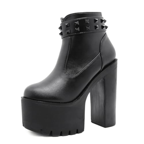 HFWXYSA Damen High Heels Stiefeletten Plateau Ankle Boots Schwarz Weiß Blockabsatz Boots mit seitlichem Reißverschluss,Schwarz,38 EU von HFWXYSA