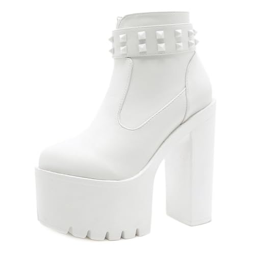 HFWXYSA Damen High Heels Stiefeletten Plateau Ankle Boots Schwarz Weiß Blockabsatz Boots mit seitlichem Reißverschluss,Weiß,40 EU von HFWXYSA