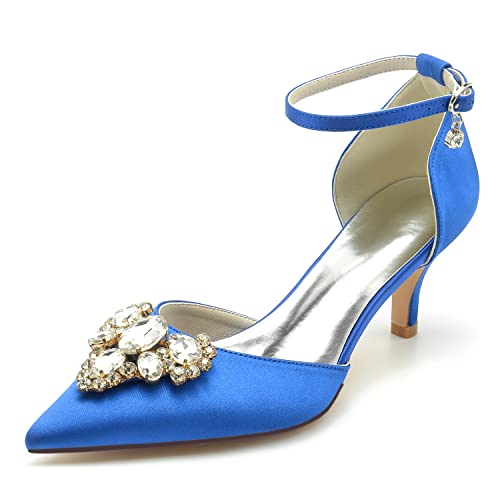 HFWXYSA Damen Hochzeitsschuhe für Braut Niedriger Absatz Bequeme Spitze Spitze Brautschuhe Satin Prom Party Kleid Pumps Sandalen Schuhe,Blau,37 EU von HFWXYSA