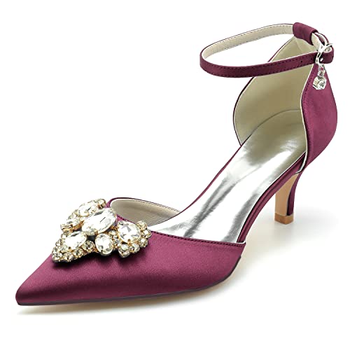 HFWXYSA Damen Hochzeitsschuhe für Braut Niedriger Absatz Bequeme Spitze Spitze Brautschuhe Satin Prom Party Kleid Pumps Sandalen Schuhe,Burgundy,39 EU von HFWXYSA