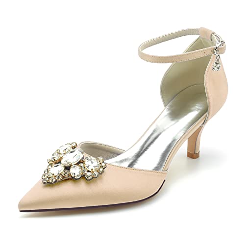 HFWXYSA Damen Hochzeitsschuhe für Braut Niedriger Absatz Bequeme Spitze Spitze Brautschuhe Satin Prom Party Kleid Pumps Sandalen Schuhe,Champagne,38 EU von HFWXYSA