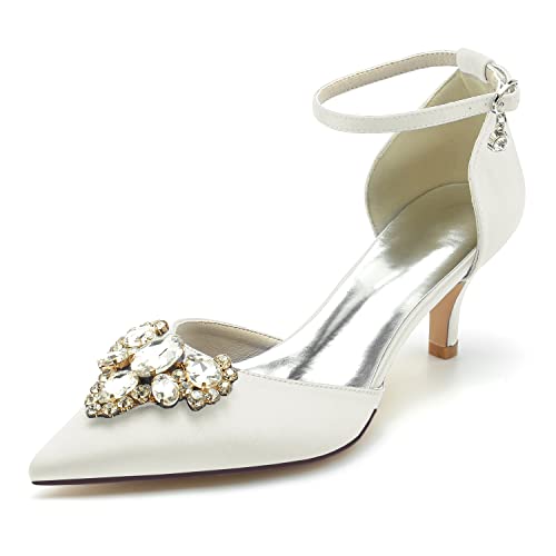 HFWXYSA Damen Hochzeitsschuhe für Braut Niedriger Absatz Bequeme Spitze Spitze Brautschuhe Satin Prom Party Kleid Pumps Sandalen Schuhe,Elfenbein,40 EU von HFWXYSA