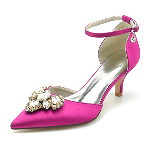HFWXYSA Damen Hochzeitsschuhe für Braut Niedriger Absatz Bequeme Spitze Spitze Brautschuhe Satin Prom Party Kleid Pumps Sandalen Schuhe,Fuchsia,42 EU von HFWXYSA