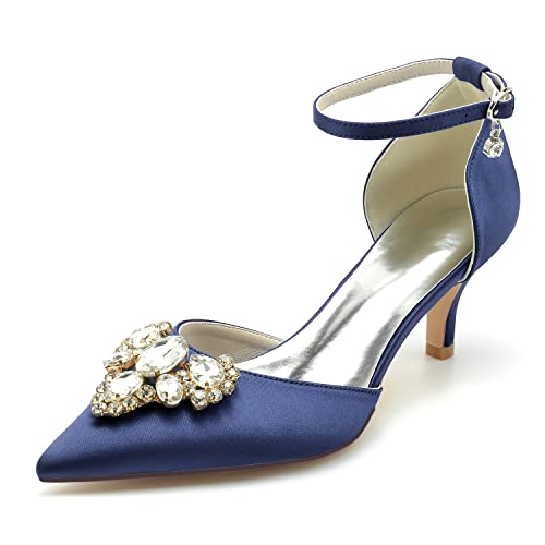 HFWXYSA Damen Hochzeitsschuhe für Braut Niedriger Absatz Bequeme Spitze Spitze Brautschuhe Satin Prom Party Kleid Pumps Sandalen Schuhe,Marine,40 EU von HFWXYSA