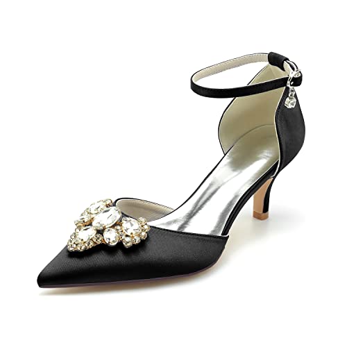 HFWXYSA Damen Hochzeitsschuhe für Braut Niedriger Absatz Bequeme Spitze Spitze Brautschuhe Satin Prom Party Kleid Pumps Sandalen Schuhe,Schwarz,40 EU von HFWXYSA