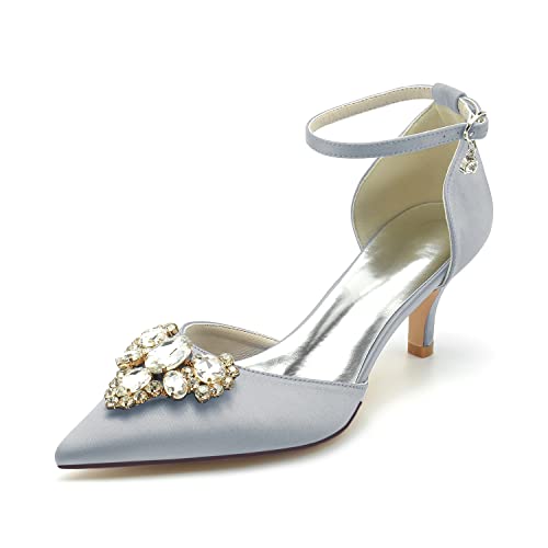 HFWXYSA Damen Hochzeitsschuhe für Braut Niedriger Absatz Bequeme Spitze Spitze Brautschuhe Satin Prom Party Kleid Pumps Sandalen Schuhe,Silber,37 EU von HFWXYSA