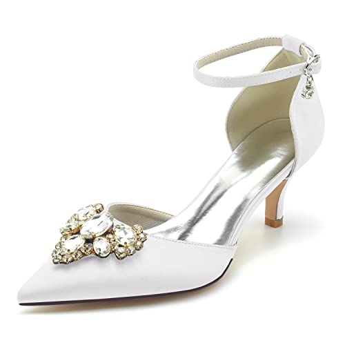 HFWXYSA Damen Hochzeitsschuhe für Braut Niedriger Absatz Bequeme Spitze Spitze Brautschuhe Satin Prom Party Kleid Pumps Sandalen Schuhe,Weiß,38 EU von HFWXYSA