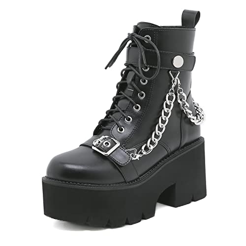 HFWXYSA Damen Kette Stiefeletten Gothic Plateau Combat Lace Up Wedge High Heel Gothic Punk Stiefel,Schwarz,39 EU HFWXYSA Damen Kette Stiefeletten Gothic Plateau Combat Lace Up Wedge High Heel Gothic Punk Stiefel,Schwarz,39 EU von HFWXYSA