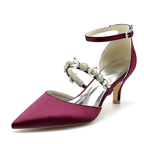 HFWXYSA Damen Kitten Heel Elfenbein Hochzeit Brautschuhe Knöchelriemen Spitz Zehen Satin Strass Brautjungfer Schuhe,Burgundy,43 EU von HFWXYSA