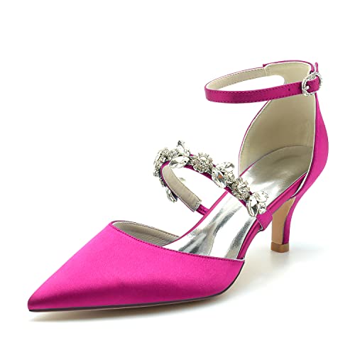 HFWXYSA Damen Kitten Heel Elfenbein Hochzeit Brautschuhe Knöchelriemen Spitz Zehen Satin Strass Brautjungfer Schuhe,Fuchsia,36 EU von HFWXYSA