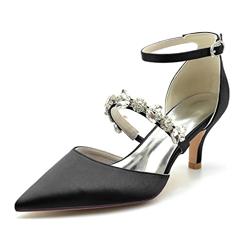 HFWXYSA Damen Kitten Heel Elfenbein Hochzeit Brautschuhe Knöchelriemen Spitz Zehen Satin Strass Brautjungfer Schuhe,Schwarz,41 EU von HFWXYSA