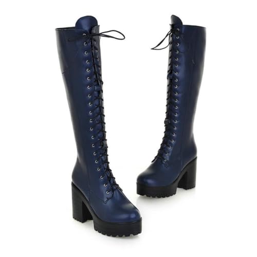 HFWXYSA Damen Knie High Platform Stiefel Goth Punk Block Heel High Leder Schnürung Up Combat Booties, Side Zip-Up Mid-Calf Stiefel,Blau,42 EU von HFWXYSA